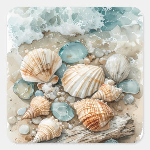 Coastal Seashell Watercolor Driftwood Scene Square Sticker