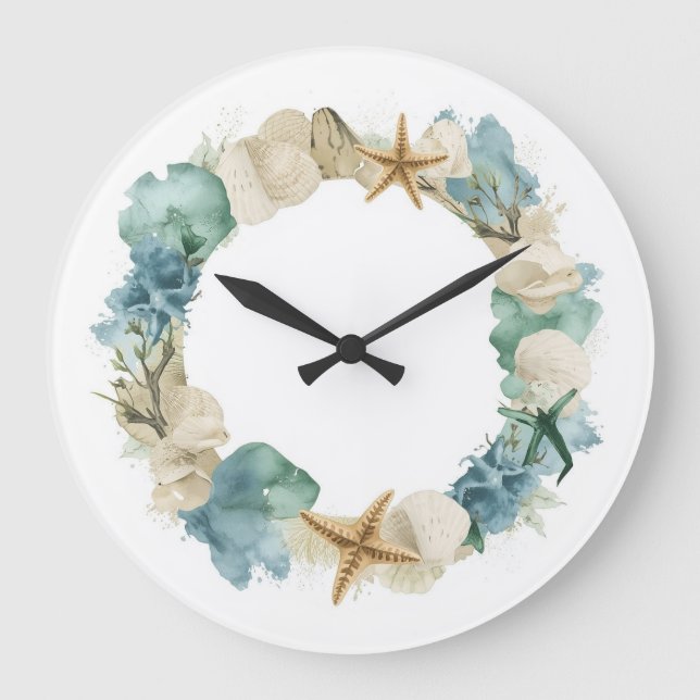 Coastal Seashell Watercolor Wall Clock (Front)