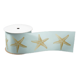 Coastal Seashell Wedding Aqua Blue Gold Starfish Satin Ribbon