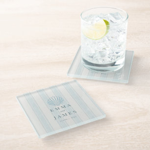 Coastal Seashell White Blue Wedding Glass Coaster