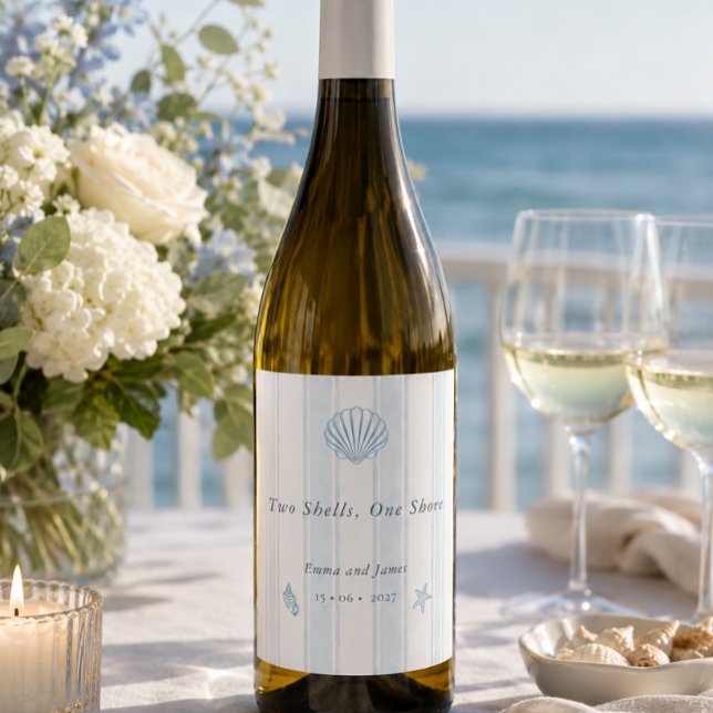 Coastal Seashell White Blue Wedding  Wine Label (Coastal Seashell White Blue Wedding Wine Label)