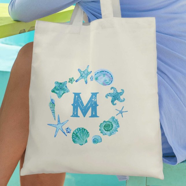 Coastal Seashells and Starfish Monogrammed Tote Bag (Coastal Seashells and Starfish Monogrammed Tote Bag)