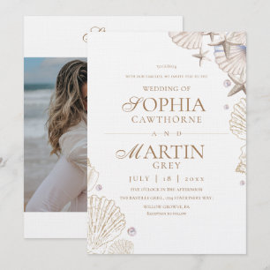 Coastal Seashells Beach Wedding Photo Invitation