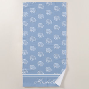 Coastal Seashells Elegant Blue Monogrammed Beach Towel