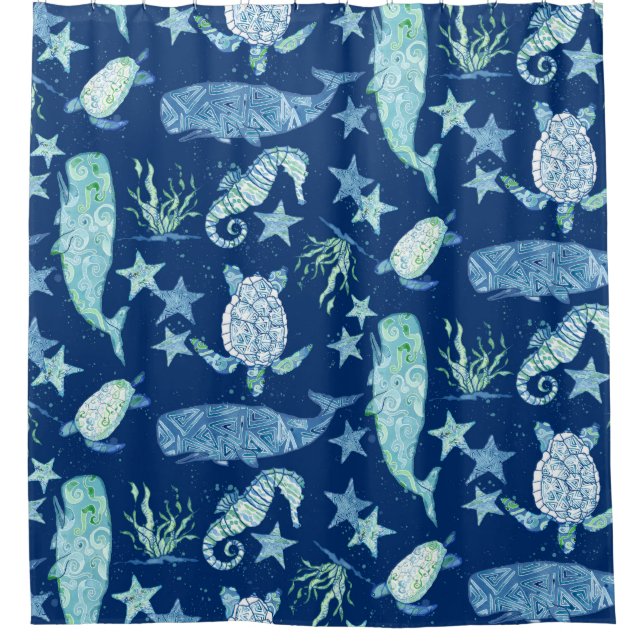 Coastal Seashore Beach Ocean Whale Sea Turtle Art Shower Curtain (Front)