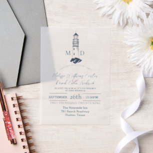 Coastal Seaside Beach Nautical Lighthouse Wedding Vellum Invitations