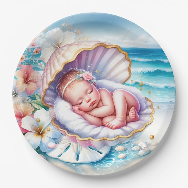 Coastal Seaside Girl's Baby Shower Ocean Themed  Paper Plate (Front)