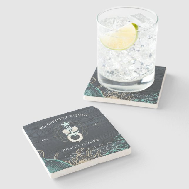 coastal seaside turquoise monogram  stone coaster (Side)