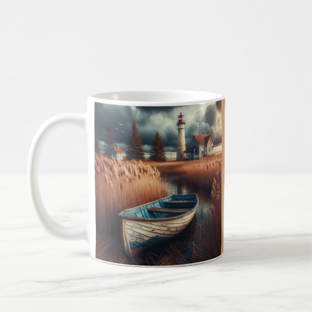 Coastal Serenity: Lighthouse and Rowboat Coffee Mug (Left)