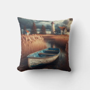 Coastal Serenity: Lighthouse and Rowboat Cushion