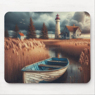 Coastal Serenity: Lighthouse and Rowboat Mouse Mat