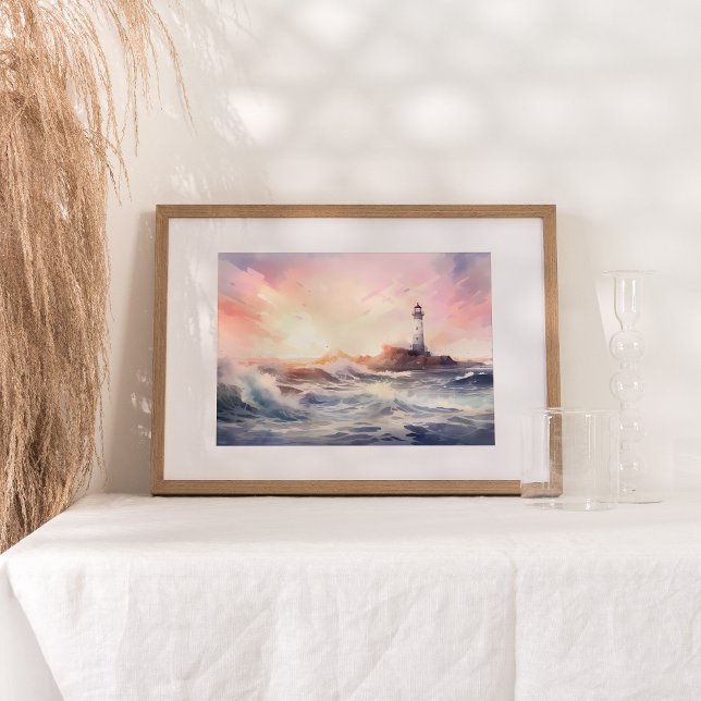 Coastal Serenity: Lighthouse Watercolor Art Poster (Embark on a serene coastal journey with an exquisite watercolor painting.)