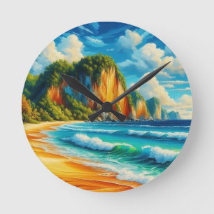 Coastal Serenity: Majestic Cliffs & Tranquil Shore Round Clock