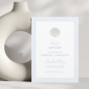 Coastal shell blue striped baptism Invitation