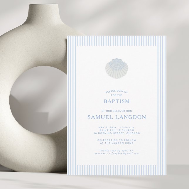 Coastal shell blue striped baptism Invitation (Creator Uploaded)