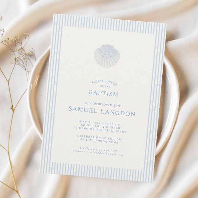 Coastal shell blue striped baptism Invitation (Creator Uploaded)