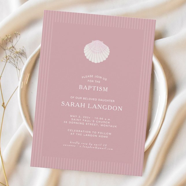 Coastal shell dusty pink striped baptism Invitatio Invitation (Creator Uploaded)