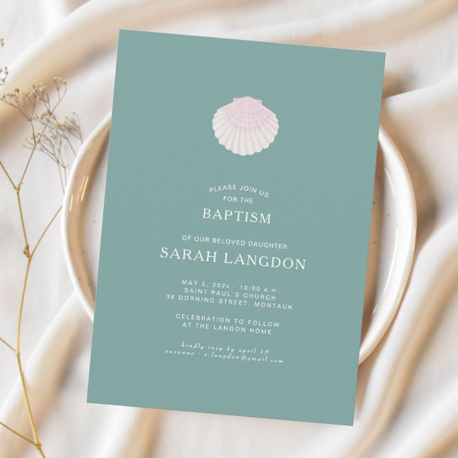 Coastal shell sage green pink baptism Invitation (Creator Uploaded)