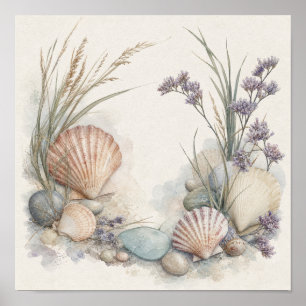 Coastal Shells and Sea Lavender Square Wall Art Pr