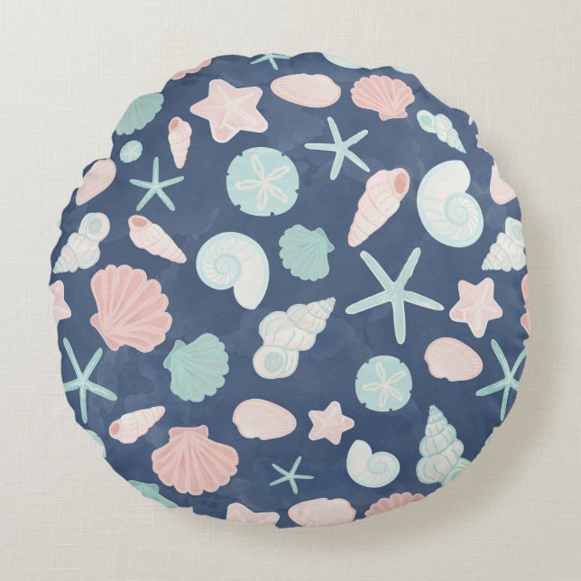 Coastal Shells Beach & Ocean Design Round Cushion (Front)