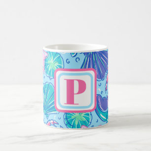 Coastal Shells & Crabs Monogram Light Blue Coffee Mug