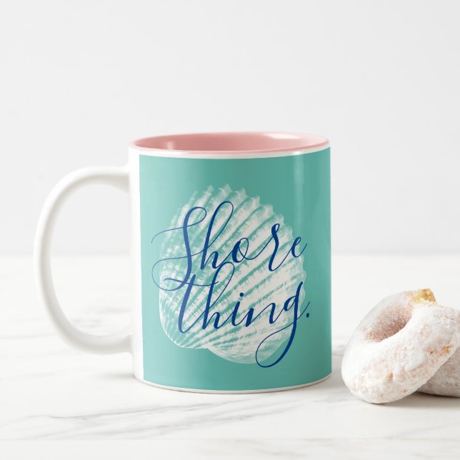 Coastal Shore Thing Script White Seashell Two-Tone Coffee Mug (With Donut)