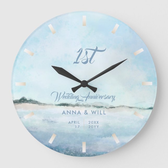 Coastal Shoreline Beach Modern Wedding Anniversary Large Clock (Front)