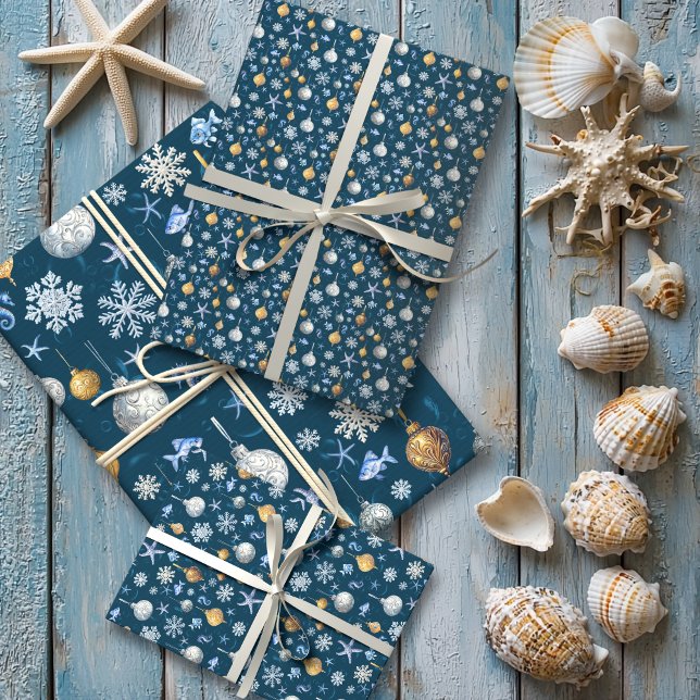 Coastal Snowflakes & Nautical Elements Wrapping Paper Sheet (Coastal Snowflakes & Nautical Elements Wrapping Paper Sheets)
