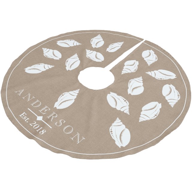 Coastal Spiral Seashell & Faux Burlap | Custom Brushed Polyester Tree Skirt (Angled)
