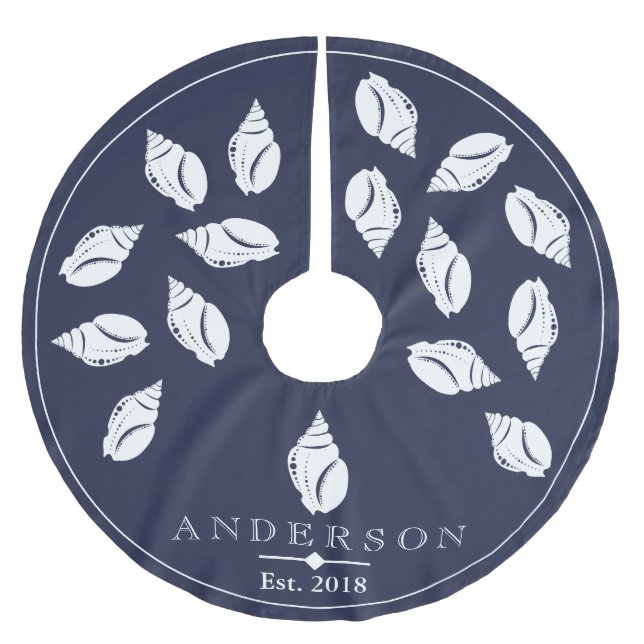 Coastal Spiral Seashell & Navy Blue | Personalised Brushed Polyester Tree Skirt (Front)