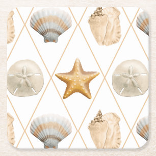 Coastal Starfish and Seashells Square Paper Coaster