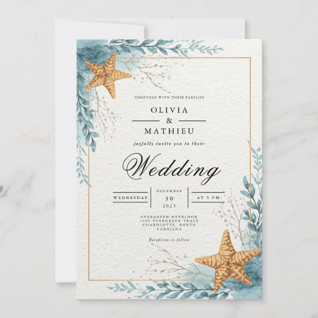 Coastal Starfish Beach Bloom Wedding Invitation (Front)