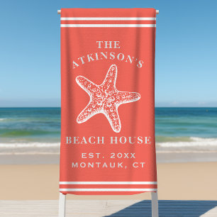 Coastal Starfish Beach House Family Name Coral Beach Towel