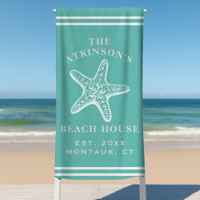 Coastal Starfish Beach House Family Name Teal Beach Towel (Creator Uploaded)