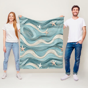 Coastal Starfish on Aqua Sand Waves Pattern (10) Fleece Blanket