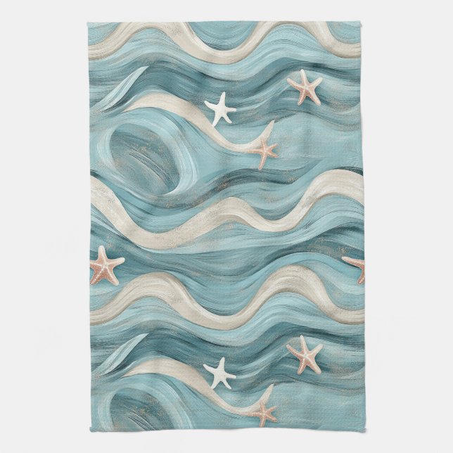 Coastal Starfish on Aqua Sand Waves Pattern (10) Tea Towel (Vertical)