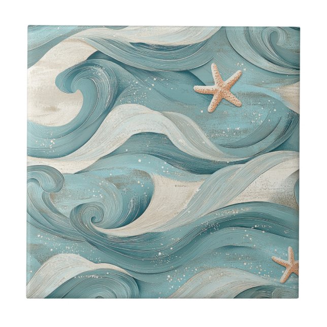 Coastal Starfish on Aqua Sand Waves Pattern (11) Tile (Front)