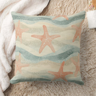 Coastal Starfish on Aqua Sand Waves Pattern (1) Cushion