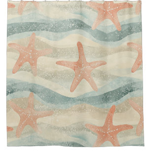 Coastal Starfish on Aqua Sand Waves Pattern (1) Shower Curtain
