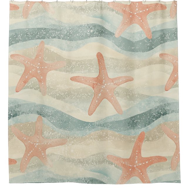 Coastal Starfish on Aqua Sand Waves Pattern (1) Shower Curtain (Front)