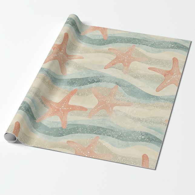 Coastal Starfish on Aqua Sand Waves Pattern (1) Wrapping Paper (Unrolled)
