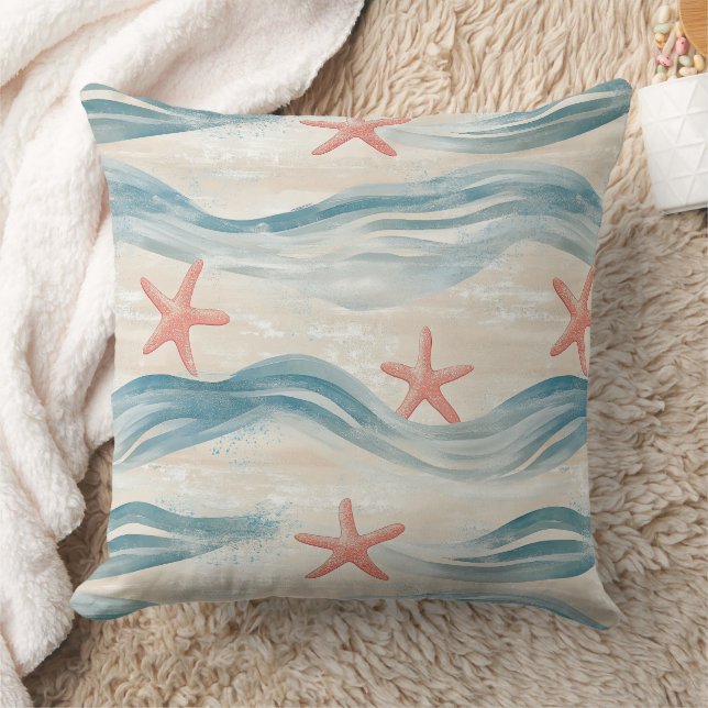 Coastal Starfish on Aqua Sand Waves Pattern (2) Cushion (Blanket)