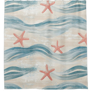 Coastal Starfish on Aqua Sand Waves Pattern (2) Shower Curtain