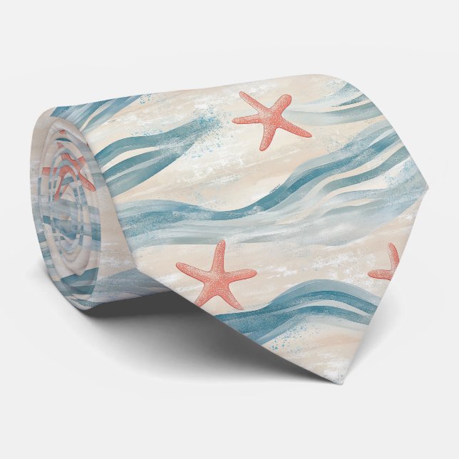 Coastal Starfish on Aqua Sand Waves Pattern (2) Tie (Rolled)