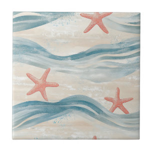 Coastal Starfish on Aqua Sand Waves Pattern (2) Tile