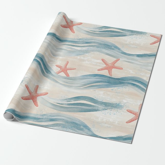 Coastal Starfish on Aqua Sand Waves Pattern (2) Wrapping Paper (Unrolled)