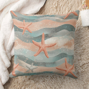 Coastal Starfish on Aqua Sand Waves Pattern (3) Cushion