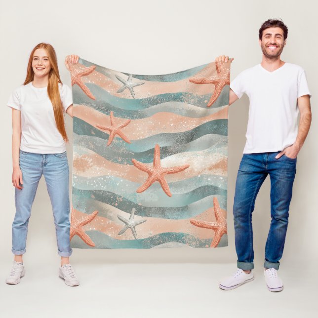 Coastal Starfish on Aqua Sand Waves Pattern (3) Fleece Blanket (In Situ)