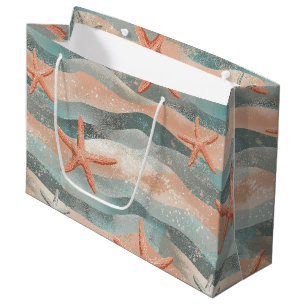 Coastal Starfish on Aqua Sand Waves Pattern (3) Large Gift Bag