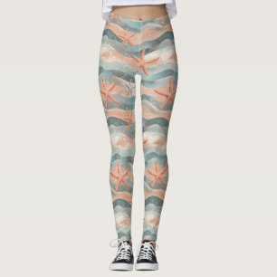 Coastal Starfish on Aqua Sand Waves Pattern (3) Leggings